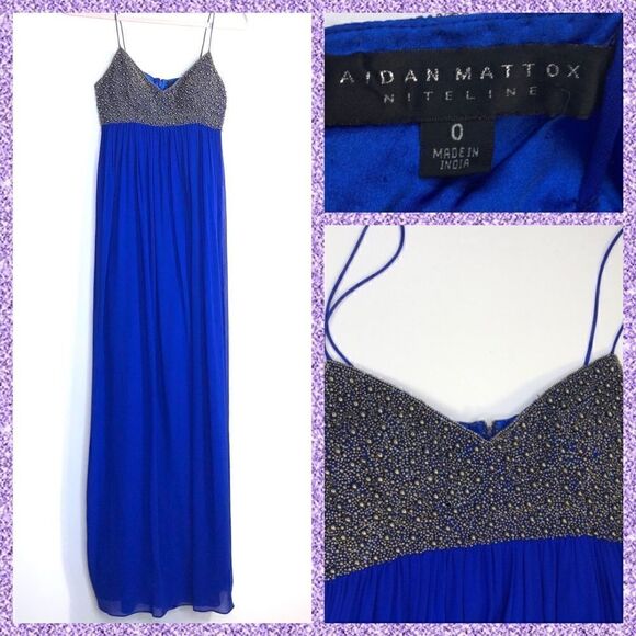 Aidan Mattox Niteline Silver Beaded Bodice Gown, Electric Blue - Picture 1 of 13